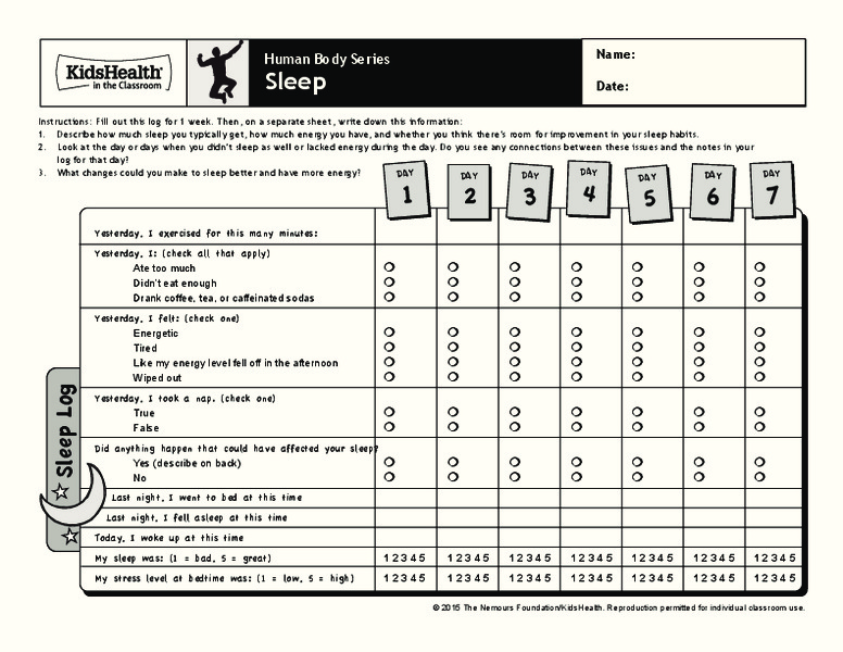 Handout: Sleep (Grades 6 to 8) Worksheet