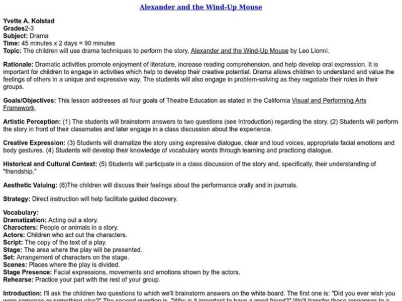 Alexander And The Wind-Up Mouse Lesson Plan