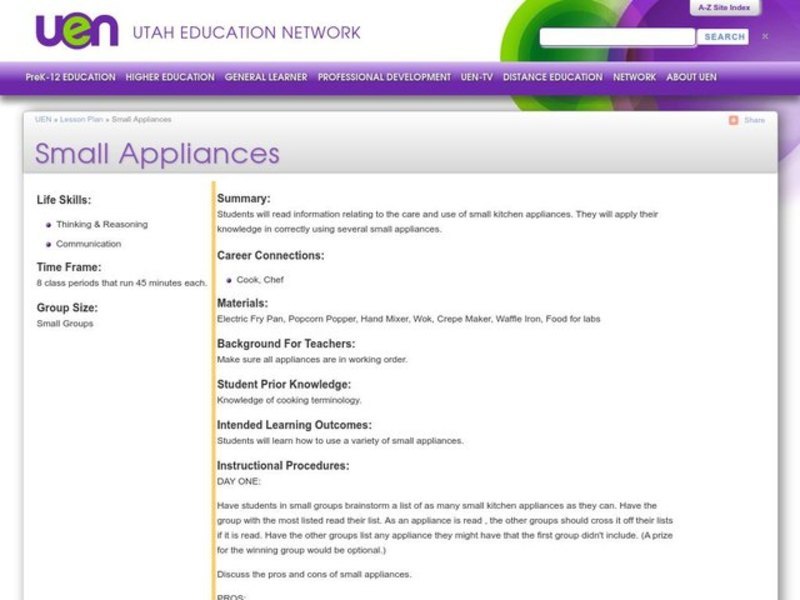 Small Appliances Lesson Plan