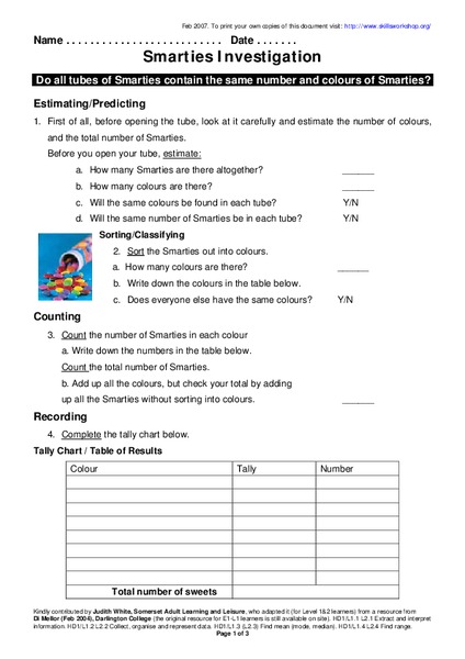 Smarties Investigation Worksheet