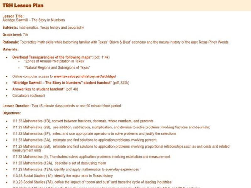 Aldridge Sawmill - The Story in Numbers Lesson Plan
