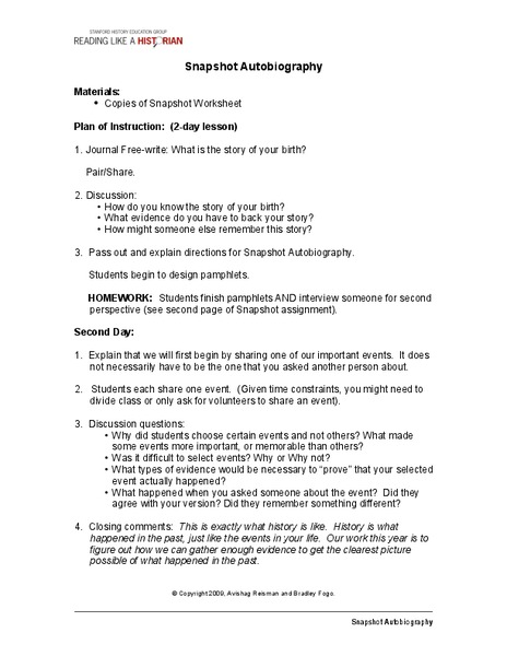 Snapshot Autobiography Lesson Plan