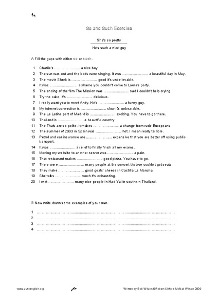 So and Such Exercise Worksheet
