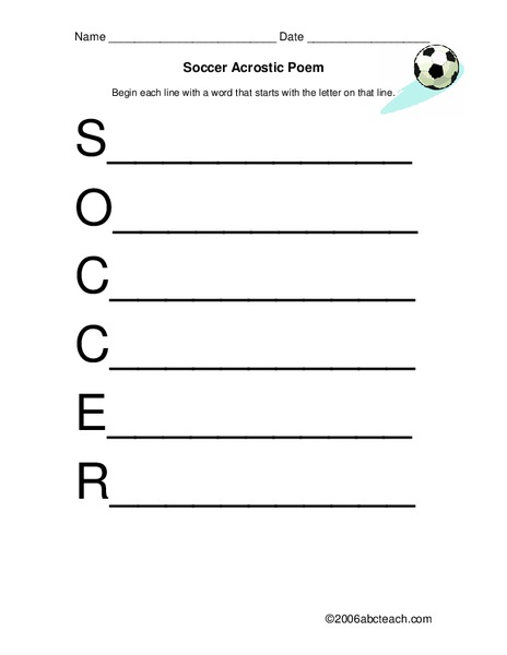 Soccer Acrostic Poem Worksheet