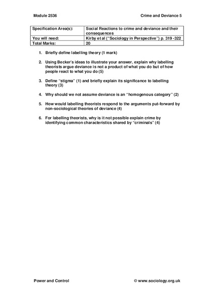 Social Reactions to Crime and Deviance Worksheet