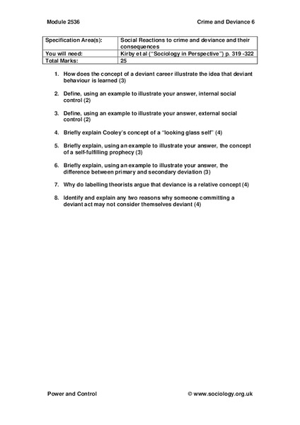 Social Reactions to Crime and Deviance Worksheet