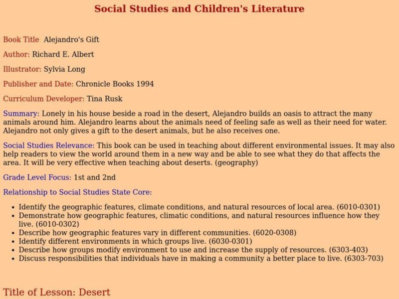 Social Studies and Children's Literature Lesson Plan