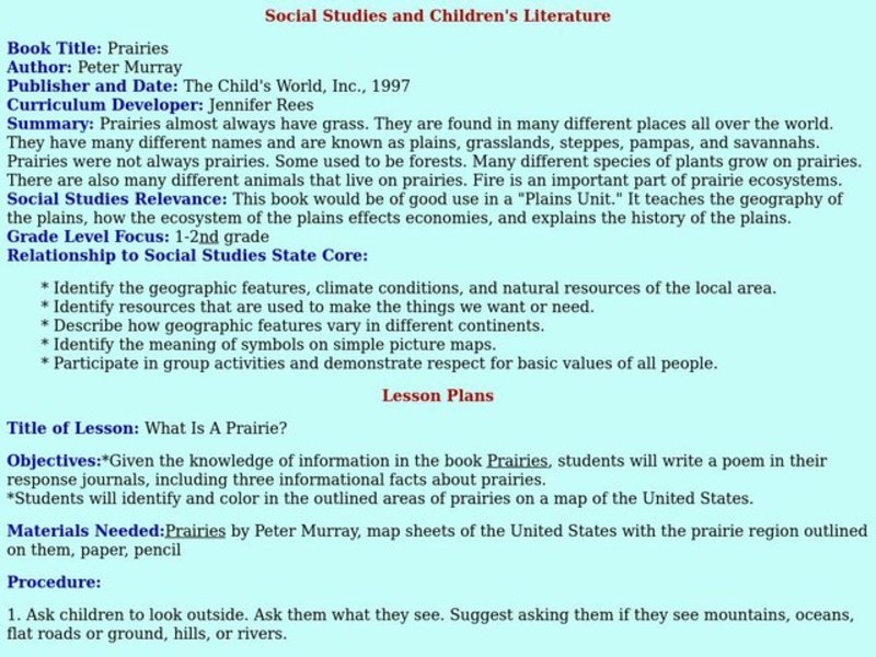 Social Studies and Children's Literature Lesson Plan