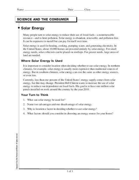 Solar Energy Worksheet