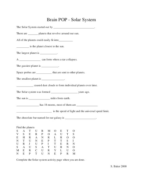 Solar System Worksheet