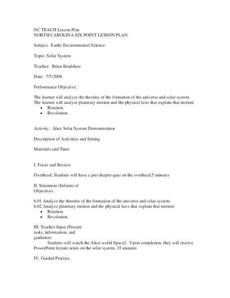 Solar System Lesson Plan