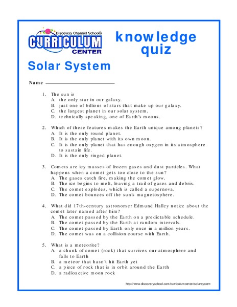 Solar System Worksheet