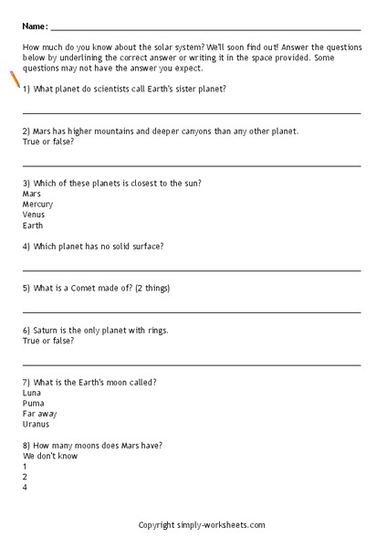 Solar System Quiz Worksheet