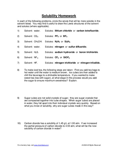 Solubility Worksheet