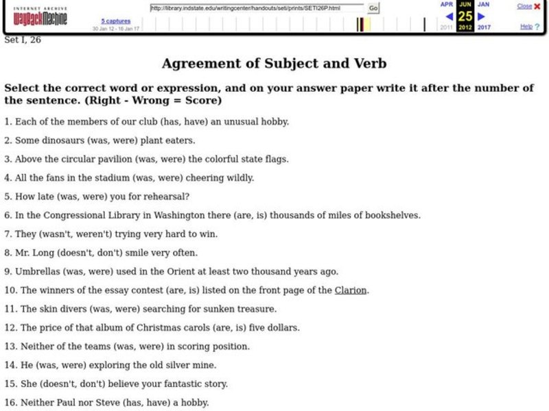 Agreement of Subject and Verb Worksheet