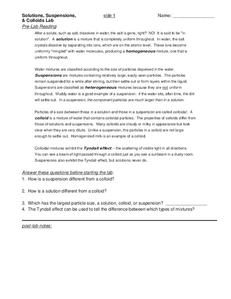 Solutions, Suspensions, and Colloids Lesson Plan