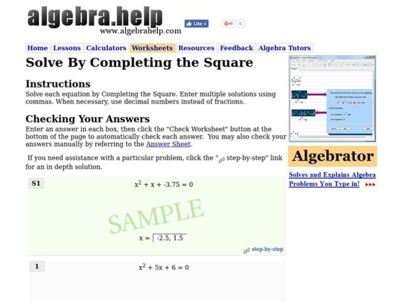 Solve By Completing The Square Worksheet