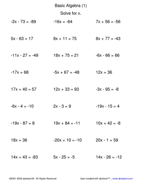 Solve for x Worksheet