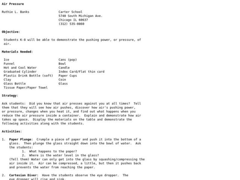 Air Pressure Lesson Plan