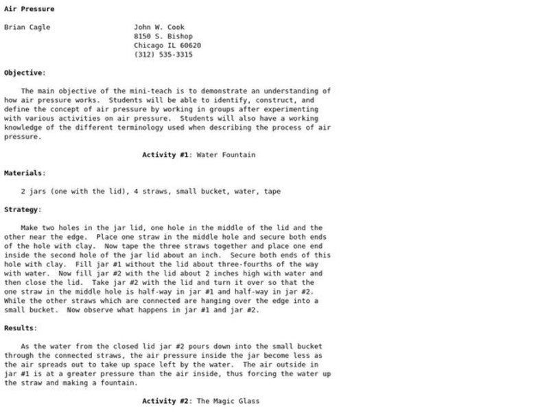 Air Pressure Lesson Plan