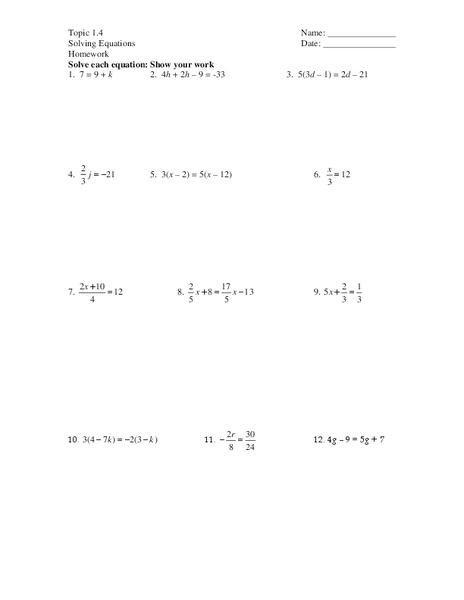 Solving Equations Worksheet