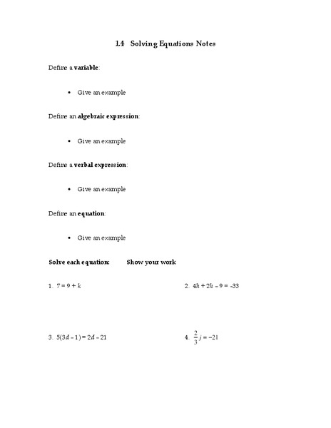 Solving Equations Worksheet