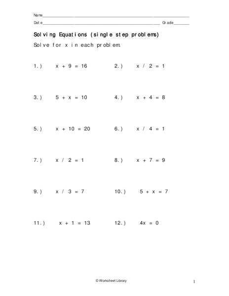 Solving Equations Worksheet