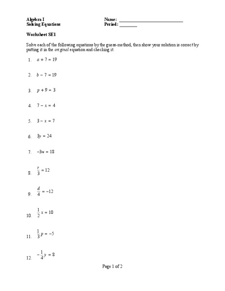 Solving Equations Worksheet