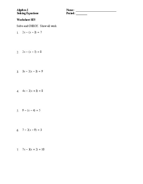 Solving Equations Worksheet