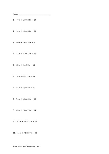 Solving Equations Worksheet