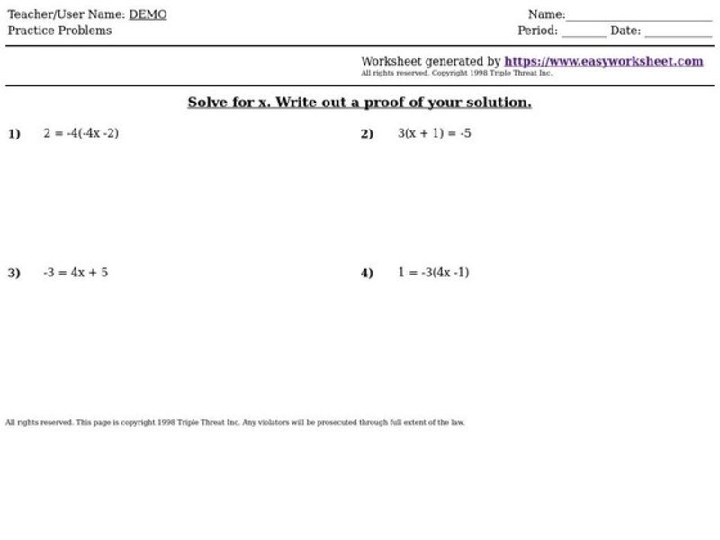 Solving Equations Worksheet