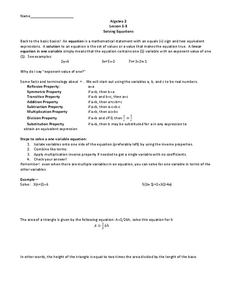 Solving Equations Worksheet