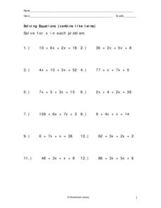 Solving Equations (Combine Like Terms) Worksheet