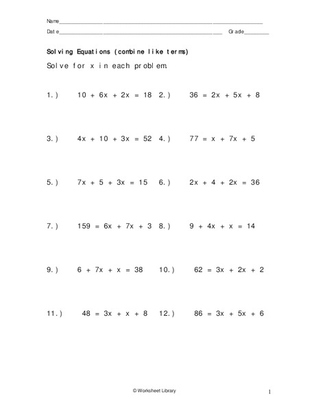 Solving Equations (combine like terms) Worksheet