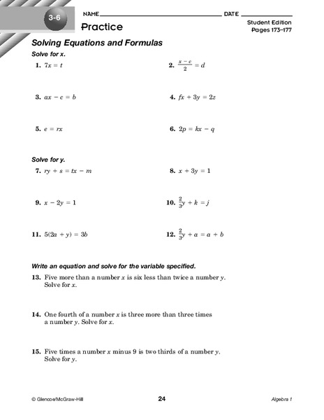 Solving Equations and Formulas Worksheet