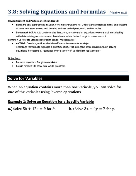 Solving Equations and Formulas Worksheet