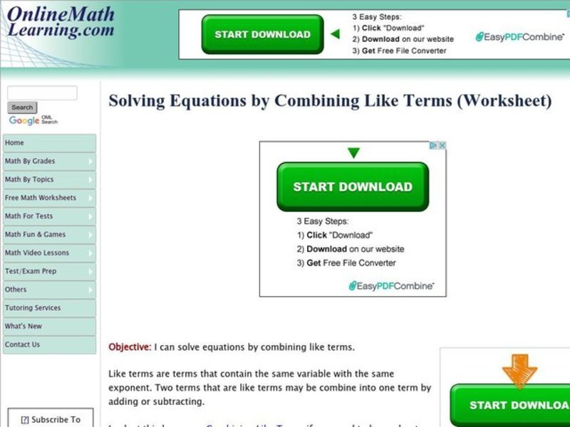 Solving Equations by Combining Like Terms Interactive