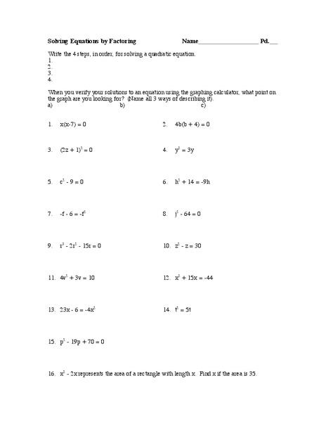 Solving Equations by Factoring Worksheet