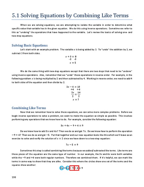 Solving Equations by Combining Like Terms Handout