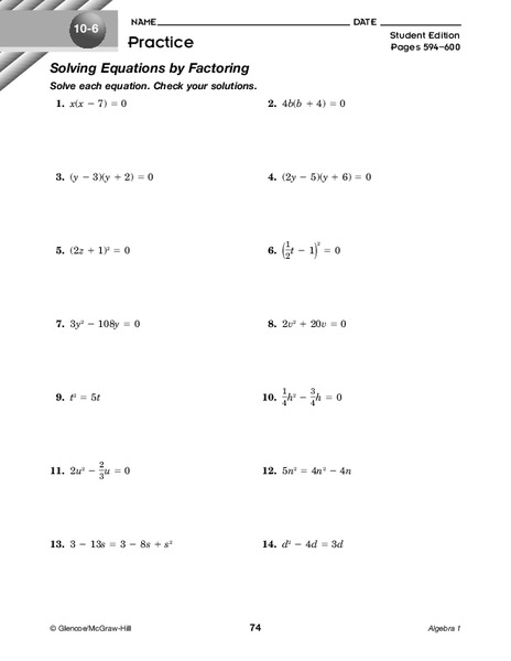 Solving Equations by Factoring Worksheet