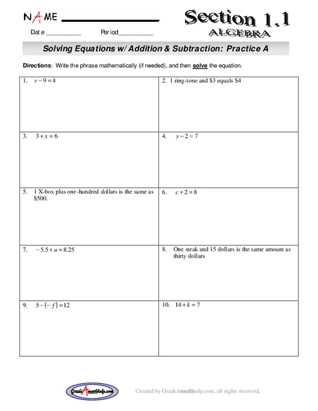 Solving Equations with Addition and SUbtraction Lesson Plan
