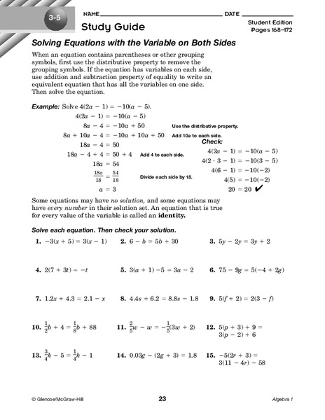 Solving Equations with Variables on Both Sides Worksheet
