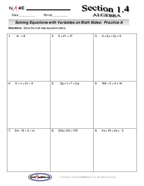 Solving Equations with Variables on Both Sides Lesson Plan