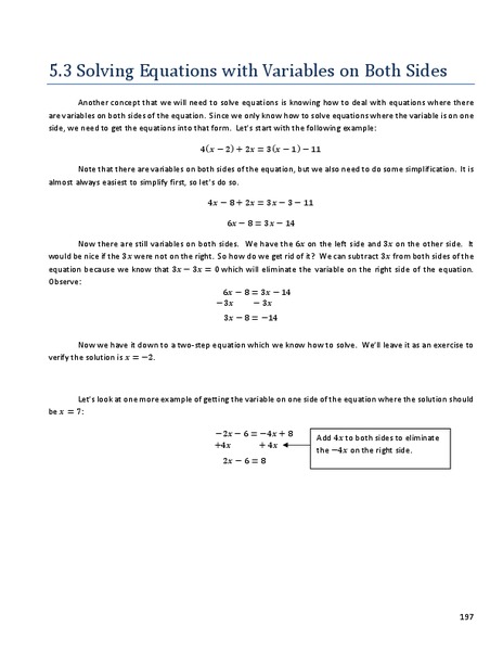 Solving Equations with Variables on Both Sides Handout