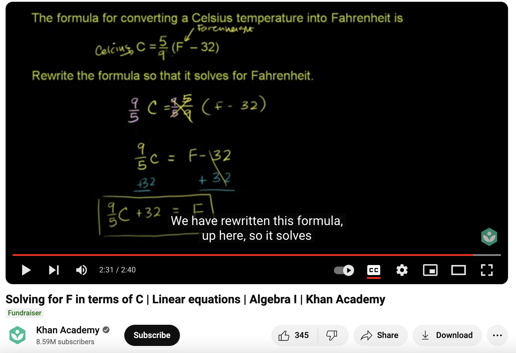 Solving for F in Terms of C, Linear Equations, Algebra I Instructional Video