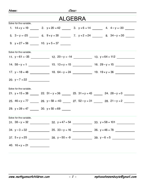 Solving for a Variable Worksheet