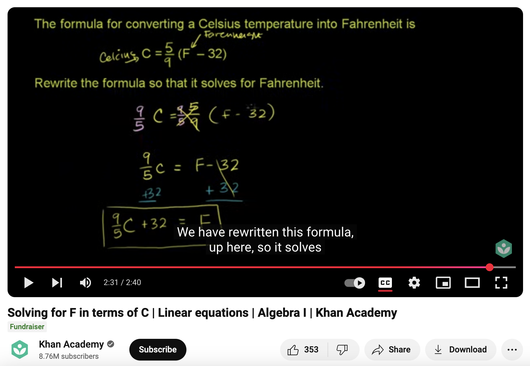 Solving for F in Terms of C, Linear Equations, Algebra I Instructional Video