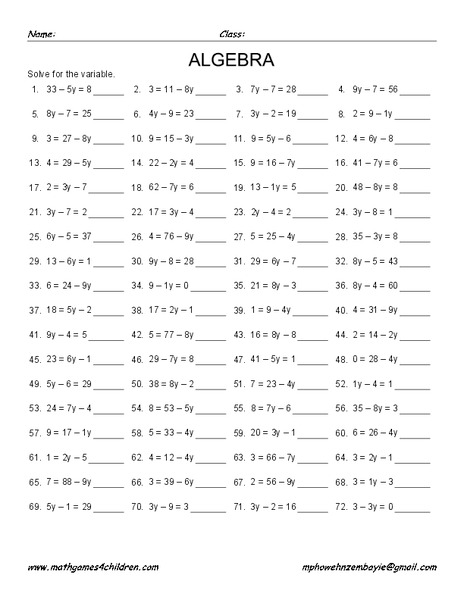Solving for Variables Worksheet
