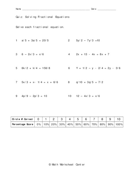 Solving Fractional Equations Worksheet