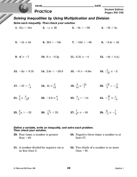 Solving Inequalities Worksheet